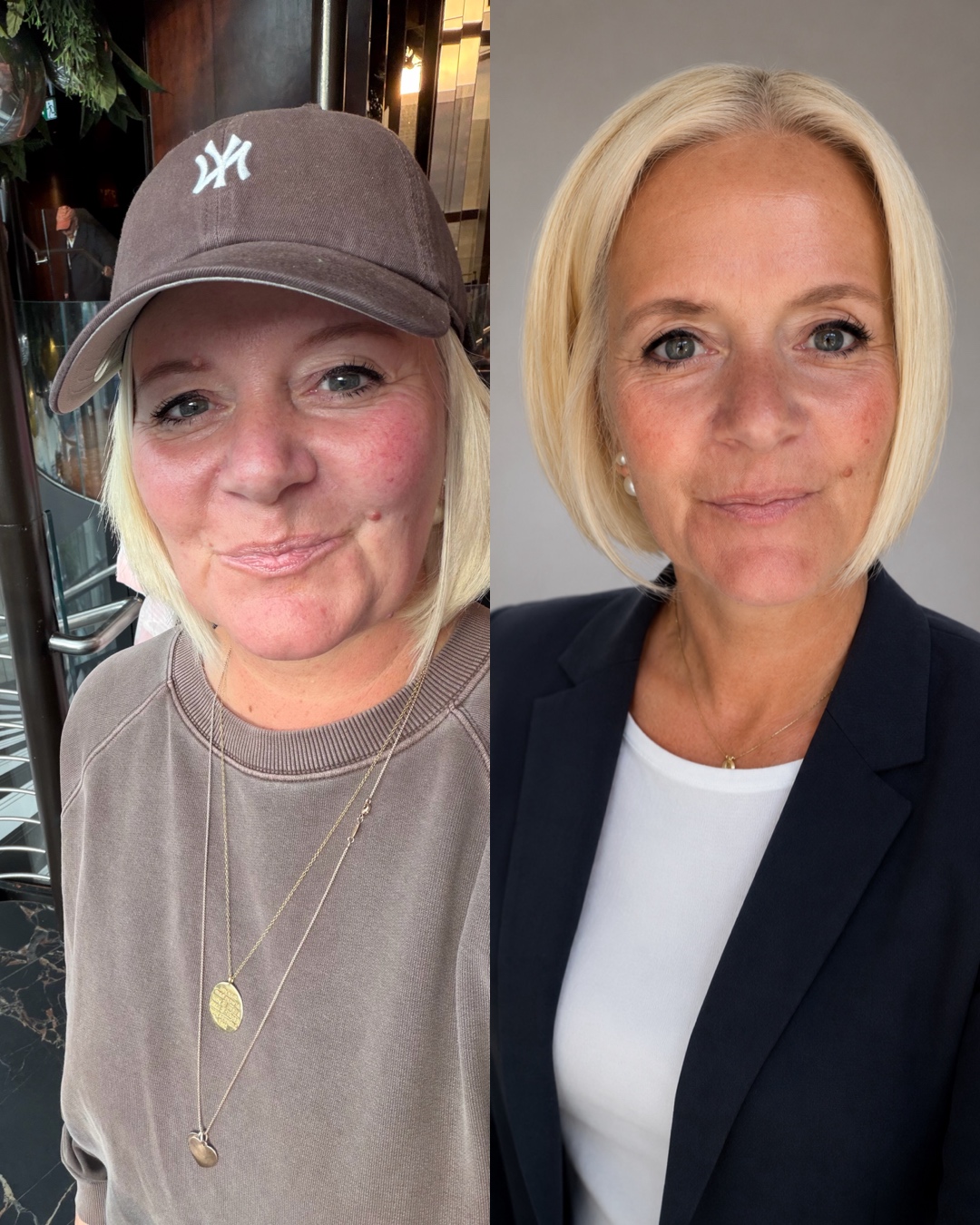 Zwei eigene Porträts nebeneinander: links mit brauner Cap in einem Restaurant, rechts im dunklen Blazer vor hellem Hintergrund.