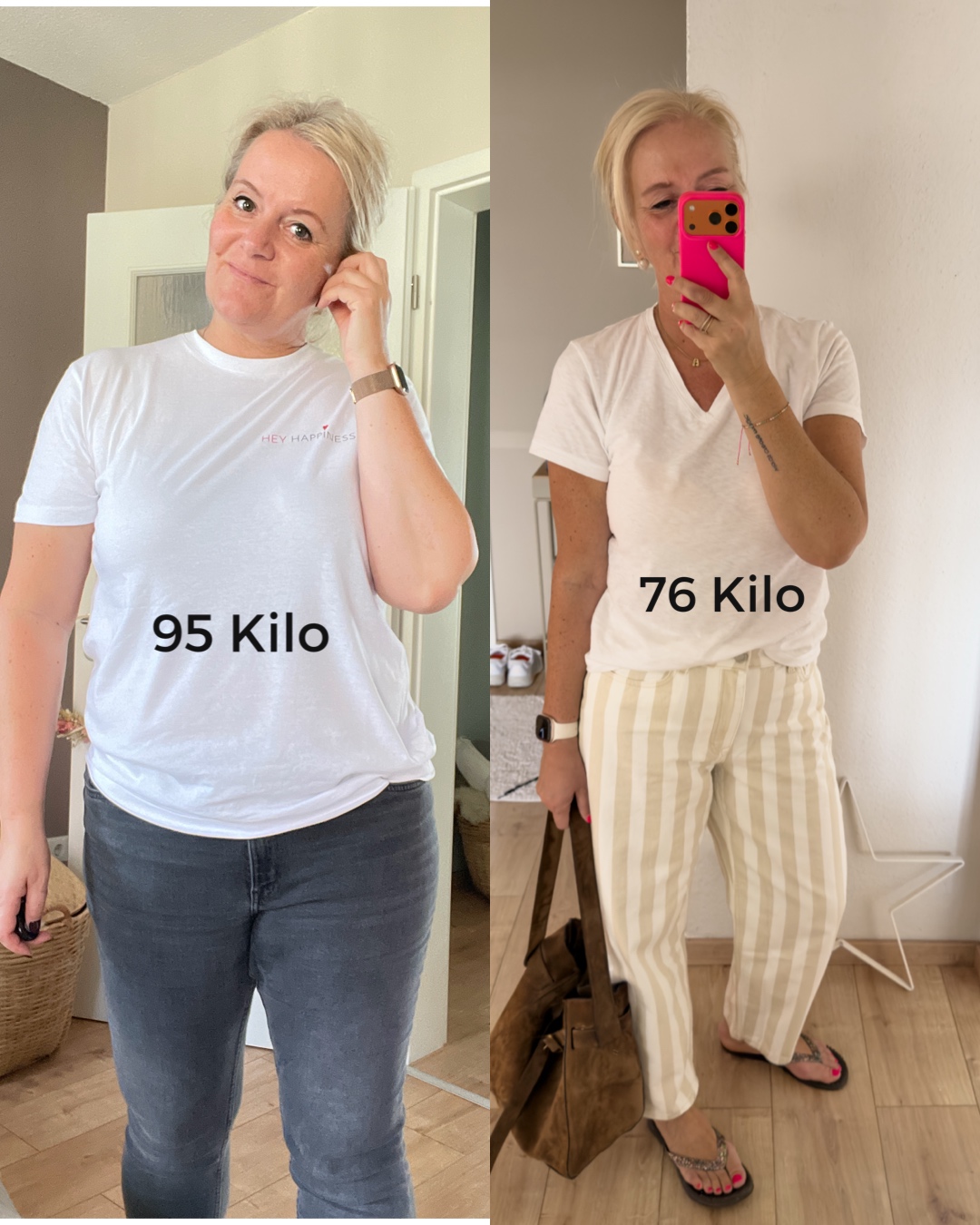 Zwei eigene Fotos nebeneinander: links im weißen T-Shirt mit der Aufschrift 95 Kilo, rechts im weißen T-Shirt und heller Streifenhose mit der Aufschrift 76 Kilo.