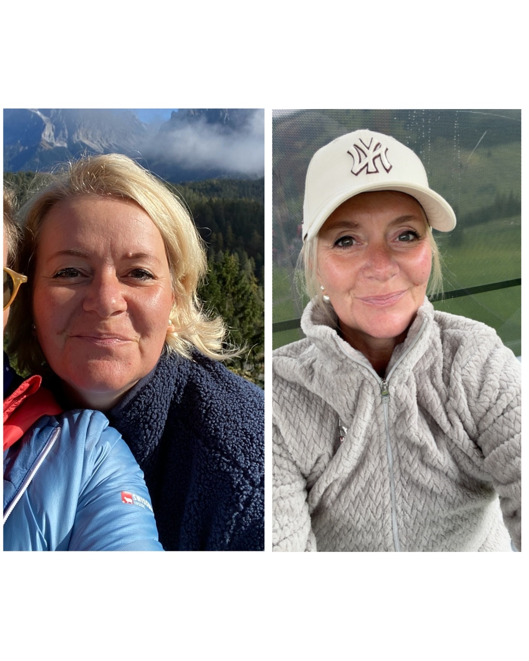 Zwei eigene Selfies nebeneinander: links draußen in den Bergen mit dunkler Fleecejacke, rechts mit heller Cap und heller Fleecejacke.