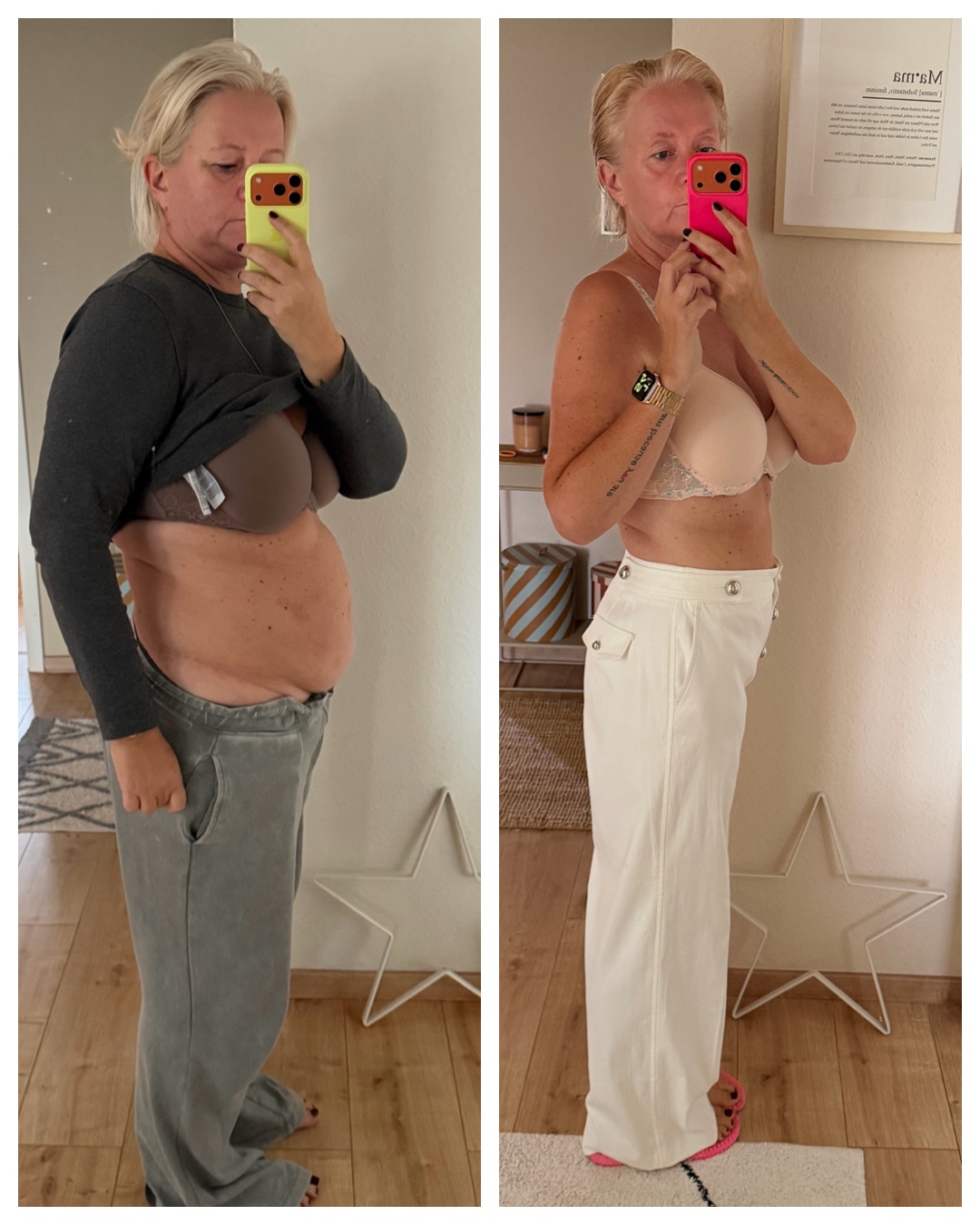 Zwei eigene Spiegelfotos im Profil nebeneinander: links in dunklem Oberteil und Jogginghose, rechts in weiter weißer Hose.
