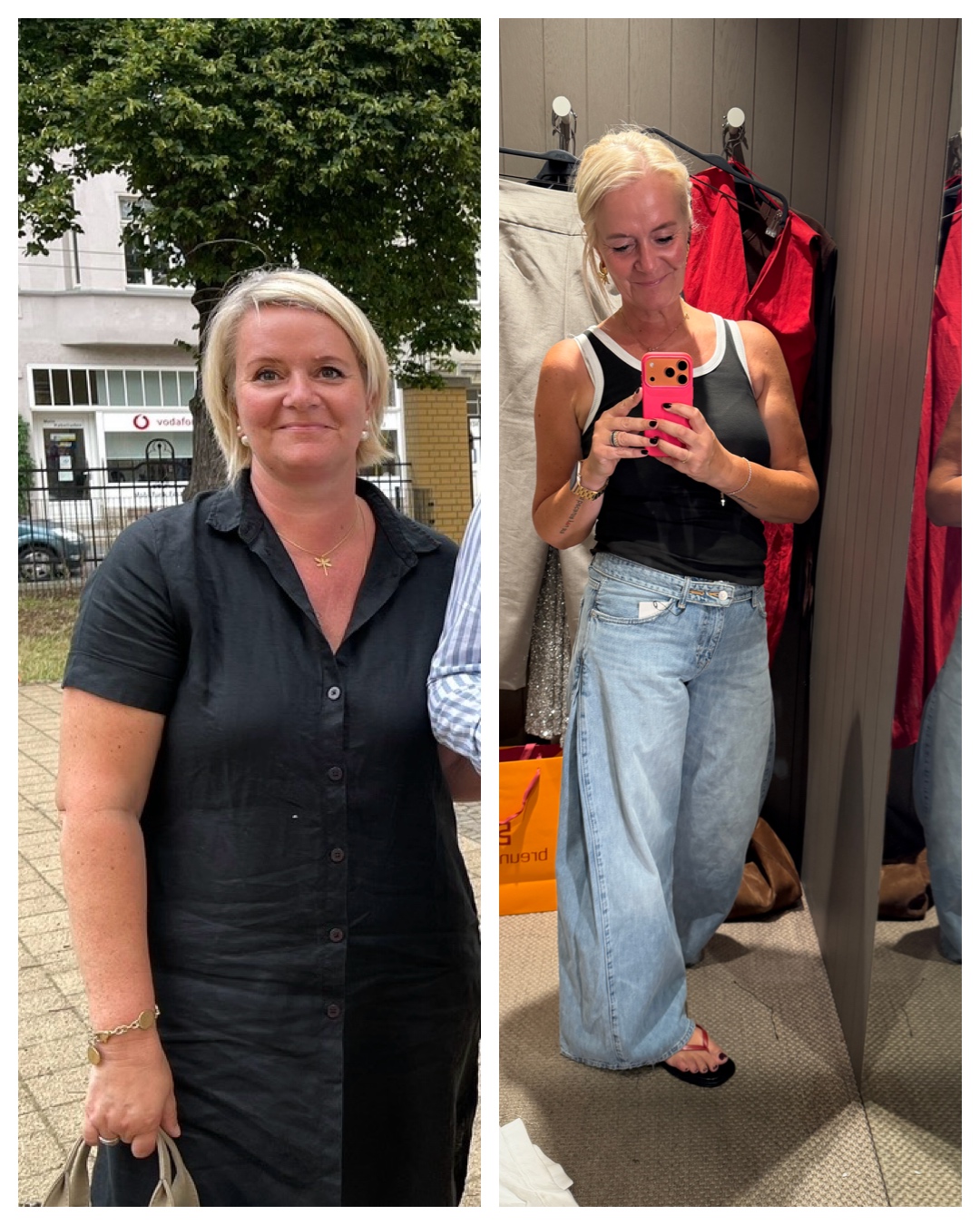 Zwei eigene Fotos nebeneinander: links im schwarzen Leinenkleid draußen, rechts im schwarzen Top und weiter heller Jeans in einer Umkleidekabine.