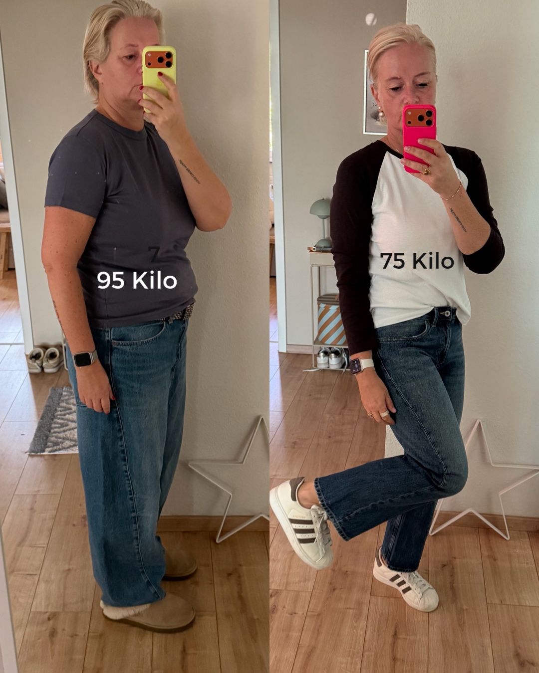 Zwei eigene Spiegelfotos nebeneinander: links im dunklen T-Shirt mit der Aufschrift 95 Kilo, rechts im hellen Shirt mit der Aufschrift 75 Kilo.