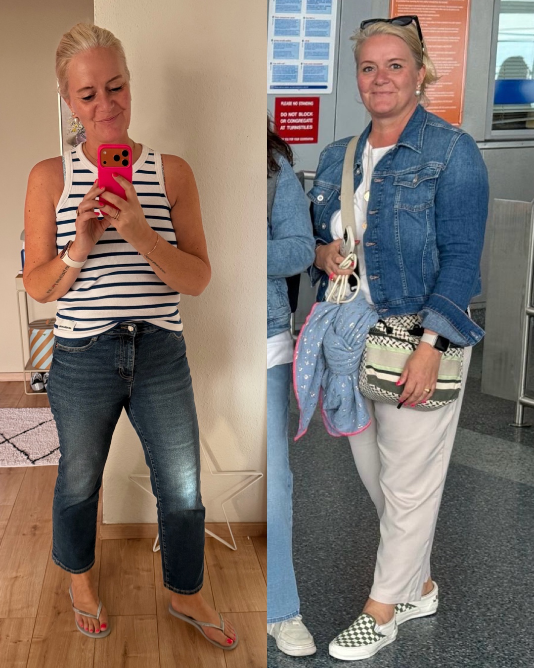 Zwei eigene Fotos nebeneinander: links im gestreiften Tanktop und Jeans, rechts in Jeansjacke und heller Hose.