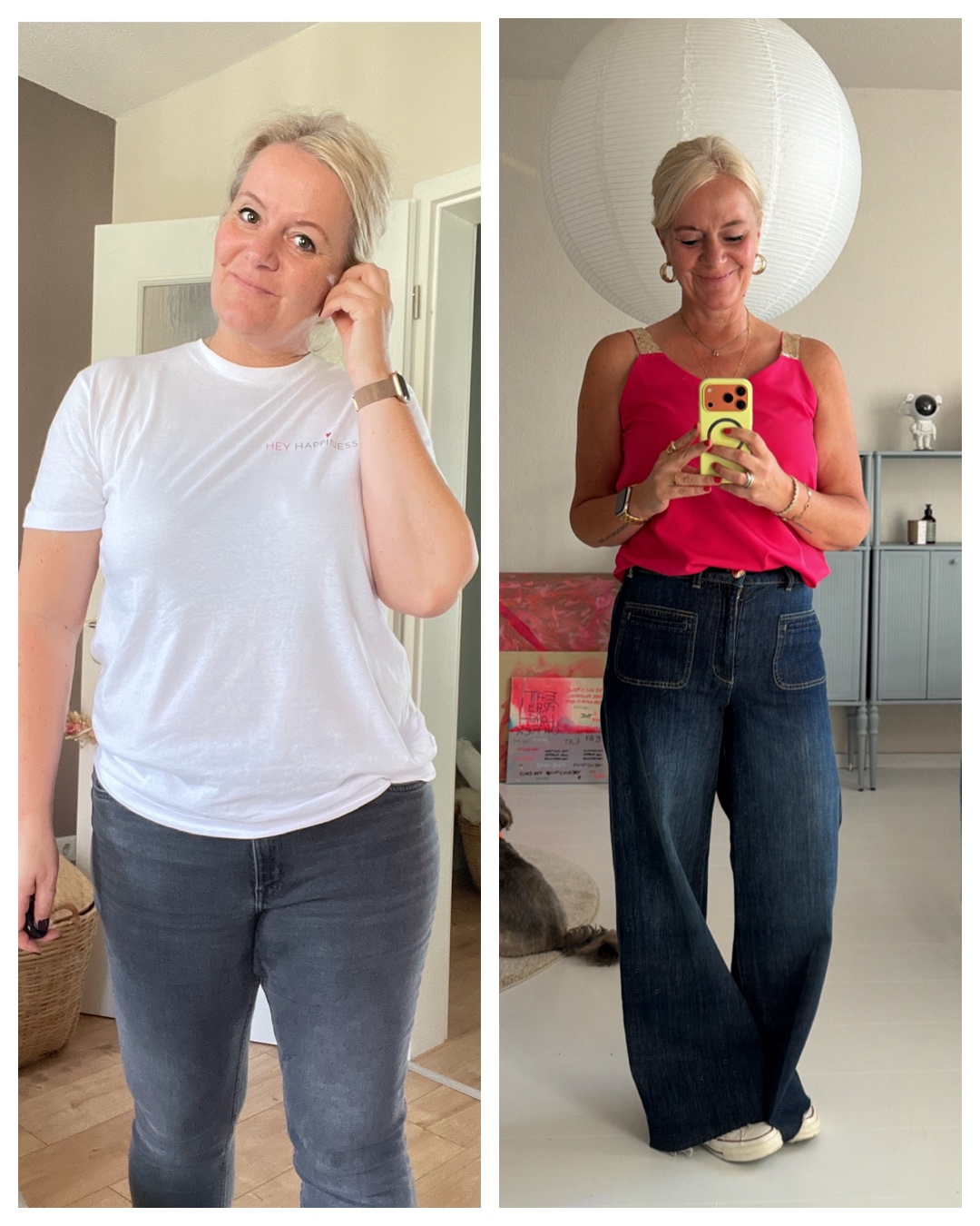 Zwei eigene Fotos nebeneinander: links im weißen T-Shirt und grauer Jeans, rechts im pinken Top und weiter dunkler Jeans.