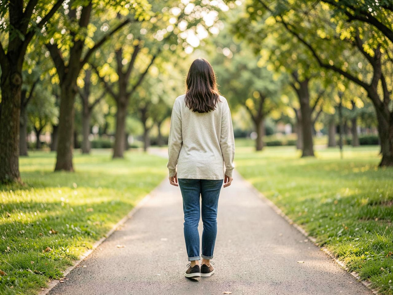 Person geht von hinten fotografiert in ruhigem Tempo einen Baumweg im Park entlang