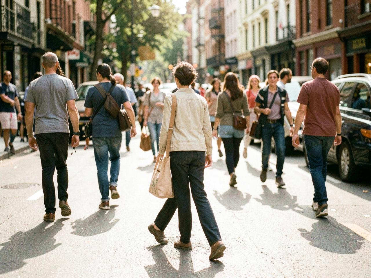 Menschen unterschiedlichen Alters überqueren an einem sonnigen Tag eine belebte Straße
