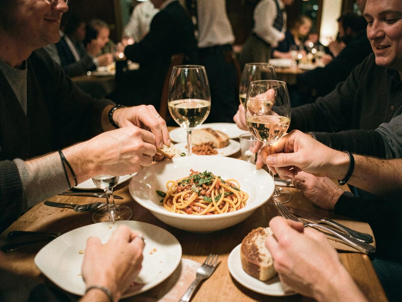 Mehrere Menschen teilen sich am Abend Pasta, Brot und Getränke an einem Restauranttisch