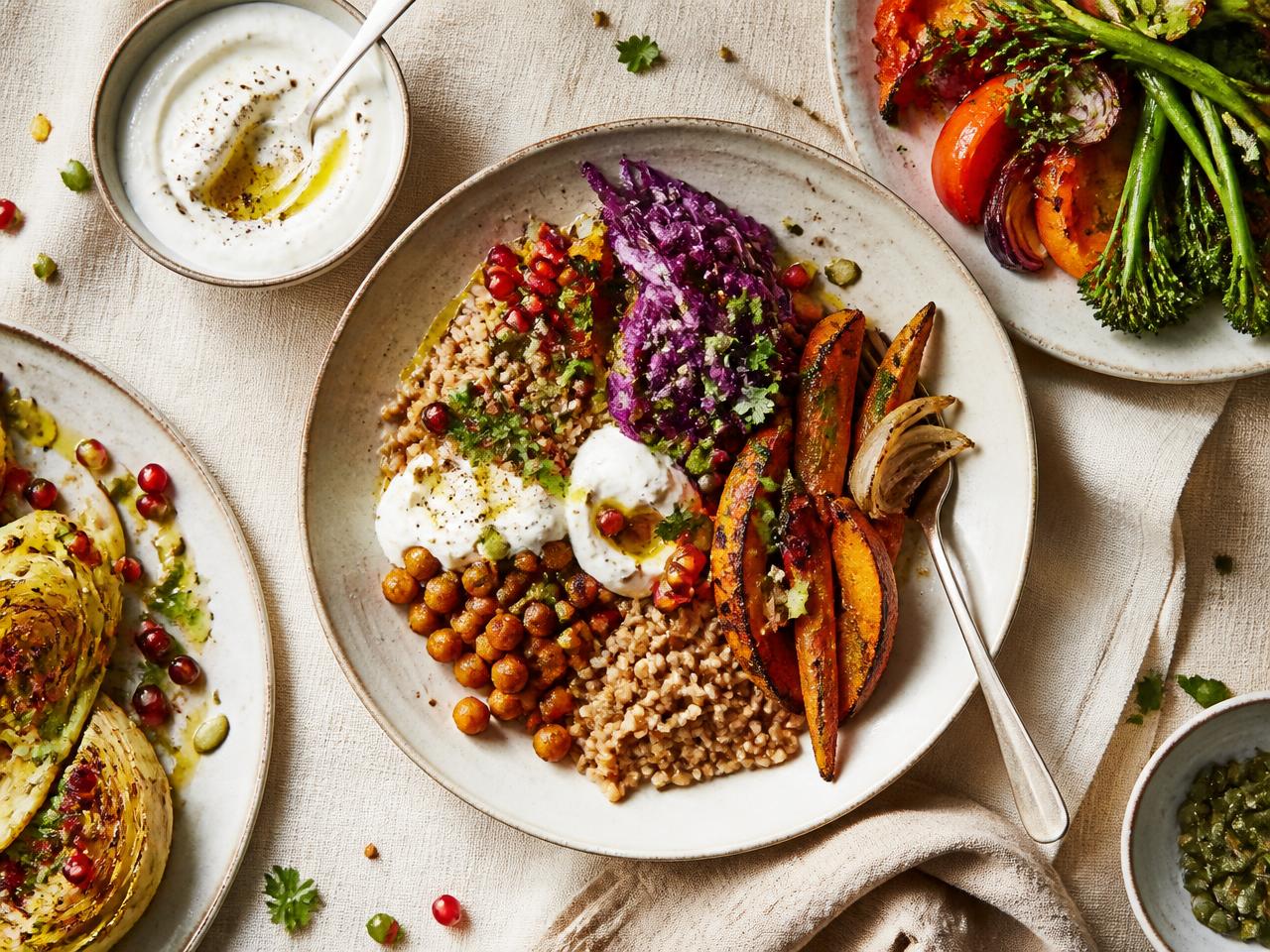 Von oben fotografierte Teller mit geröstetem Gemüse, Körnern und Joghurt auf einem Leinentisch