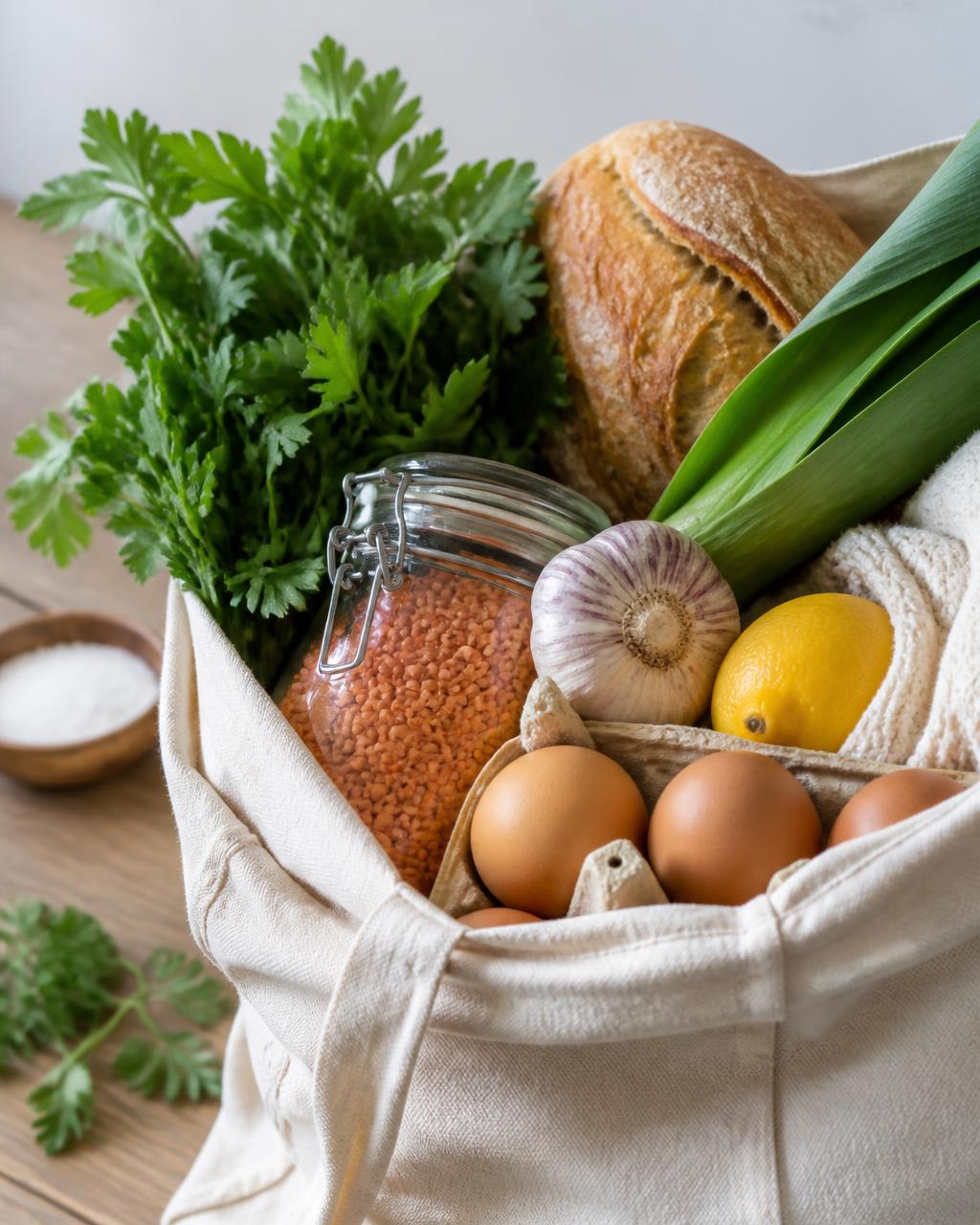 Stofftasche mit frischen Lebensmitteln: Kräuter, Brot, Lauch, Eier und rote Linsen