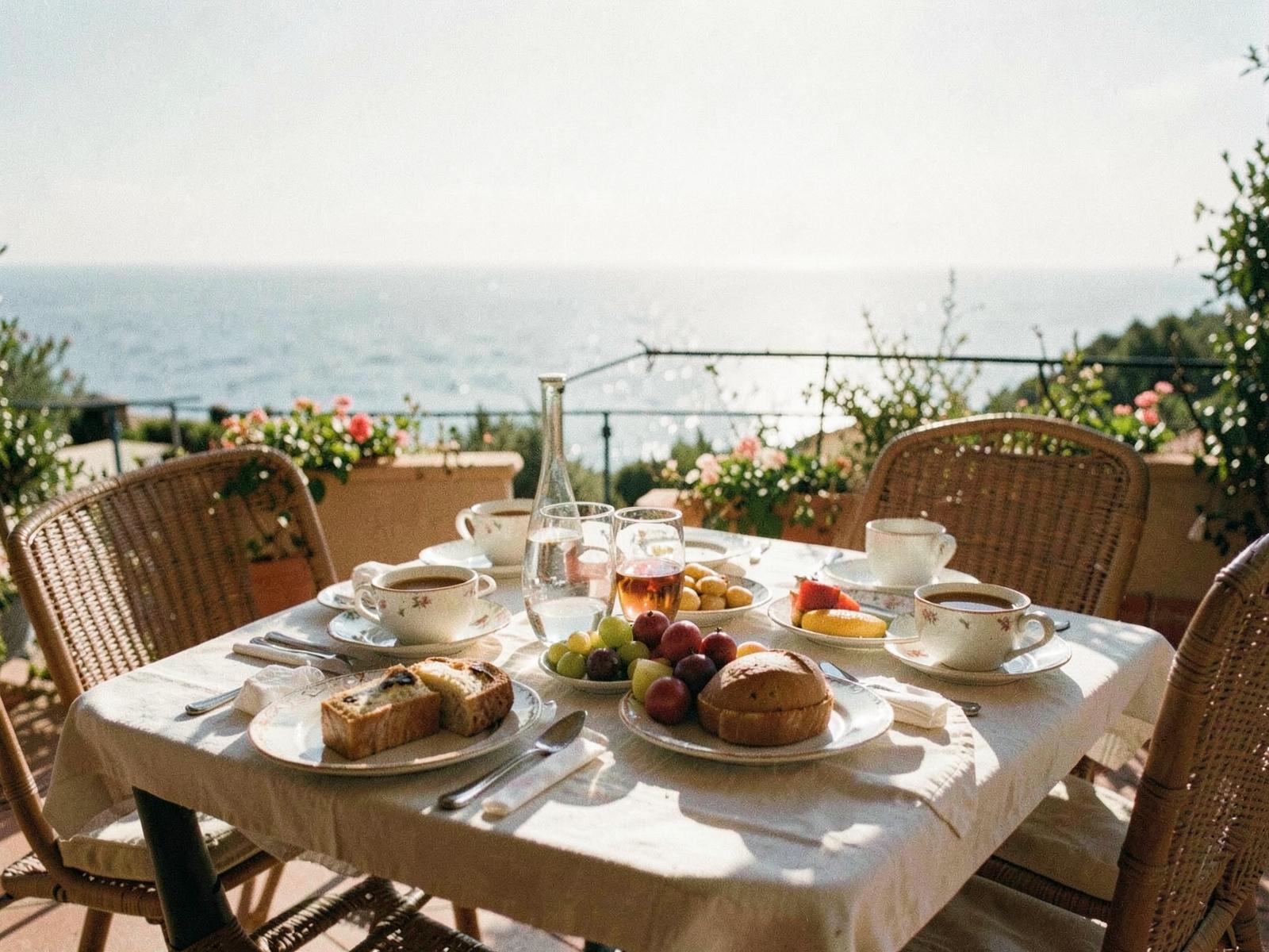 Gedeckter Frühstückstisch auf einer sonnigen Terrasse mit Meerblick