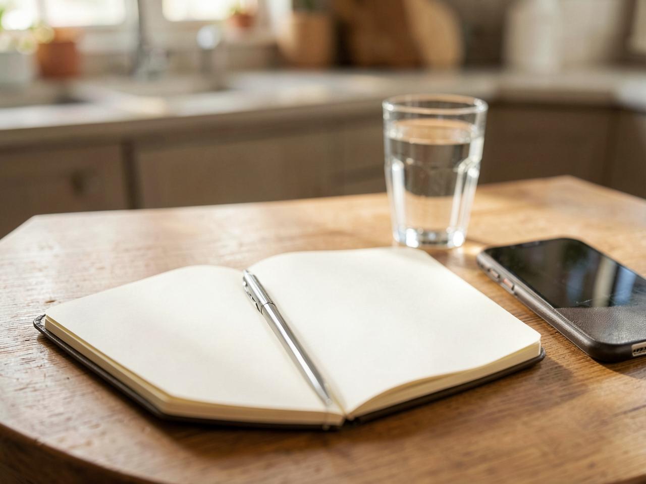 Notizbuch und Stift auf einem hellen Tisch, ruhige Aufnahme ohne Personen