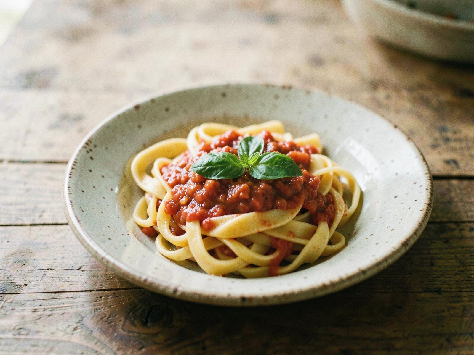 Teller mit frischer Pasta und Tomatensauce auf einem Holztisch