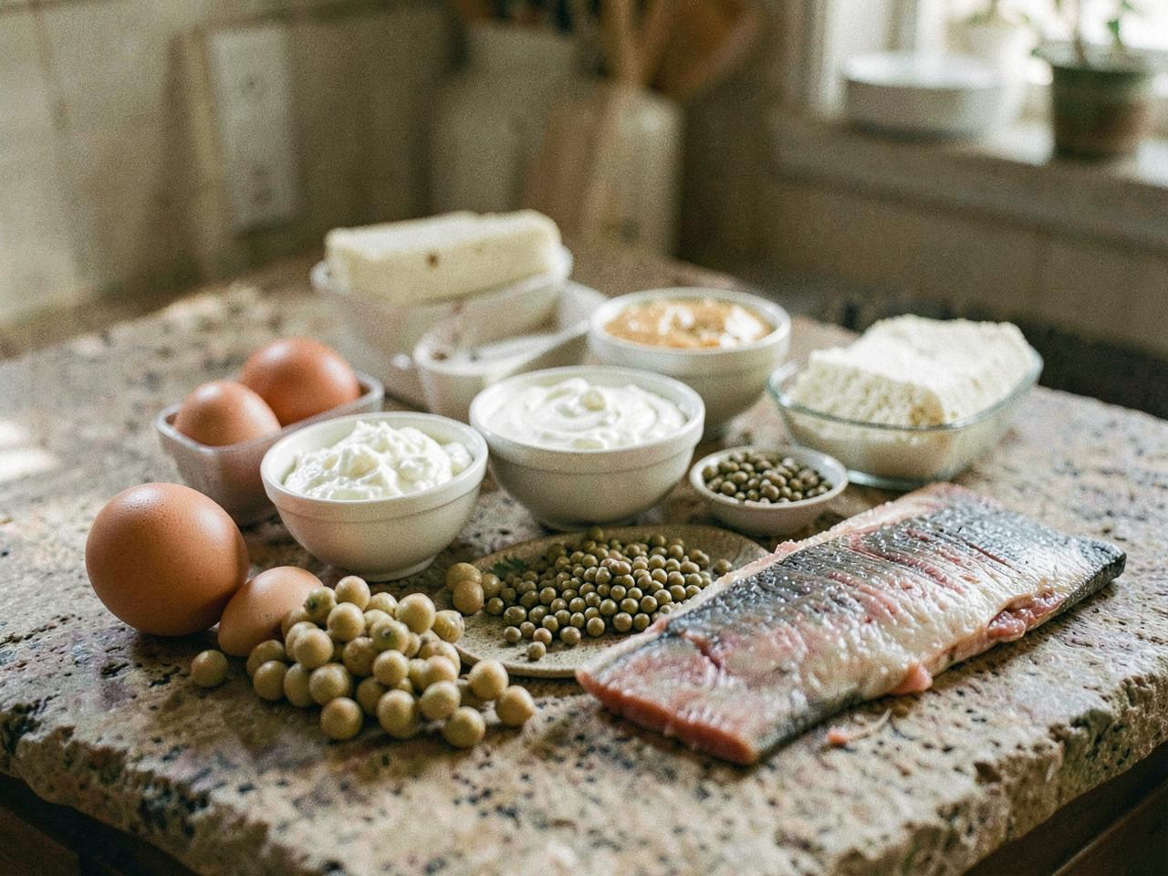 Eier, Quark, Joghurt, Hülsenfrüchte, Käse und ein Fischfilet auf einer Küchenplatte