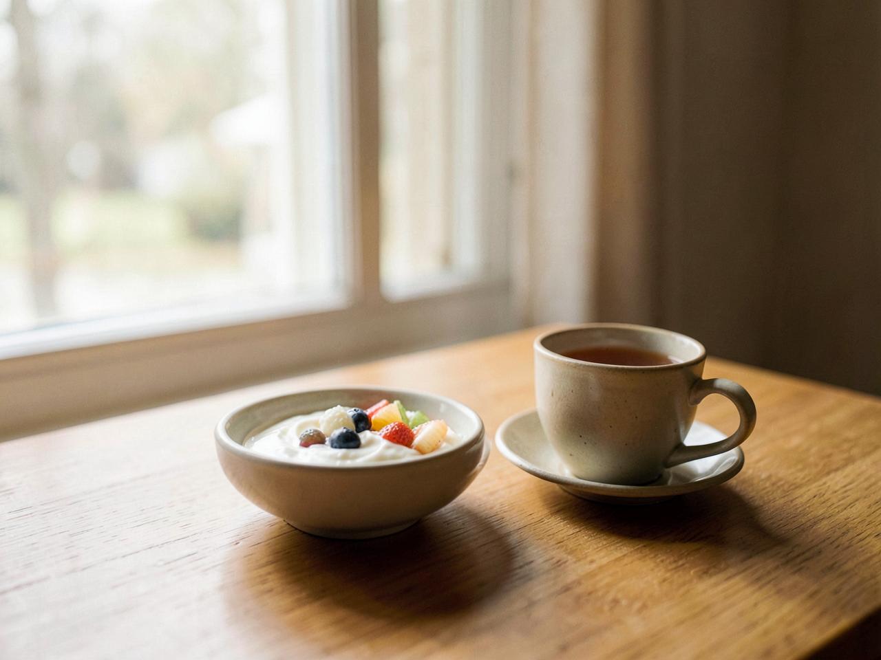 Kleine Frühstücksschale mit Joghurt und Obst neben einer Tasse Tee auf einem Holztisch am Fenster
