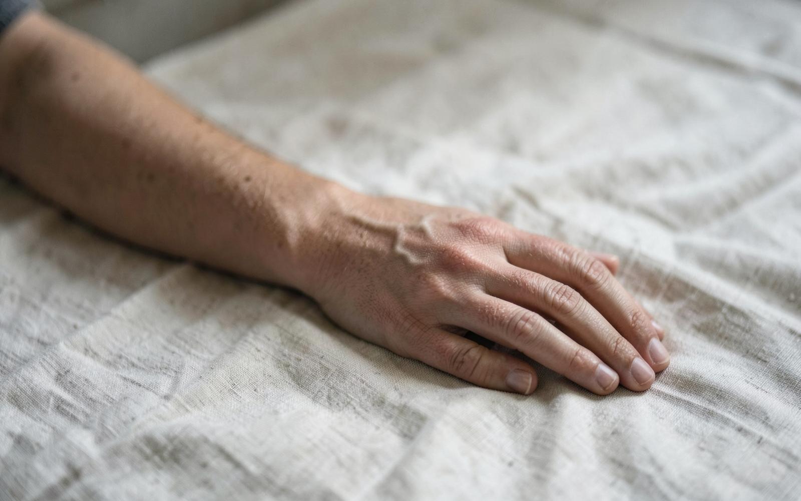 Unterarm und Hand auf hellem Leinenstoff im weichen Tageslicht