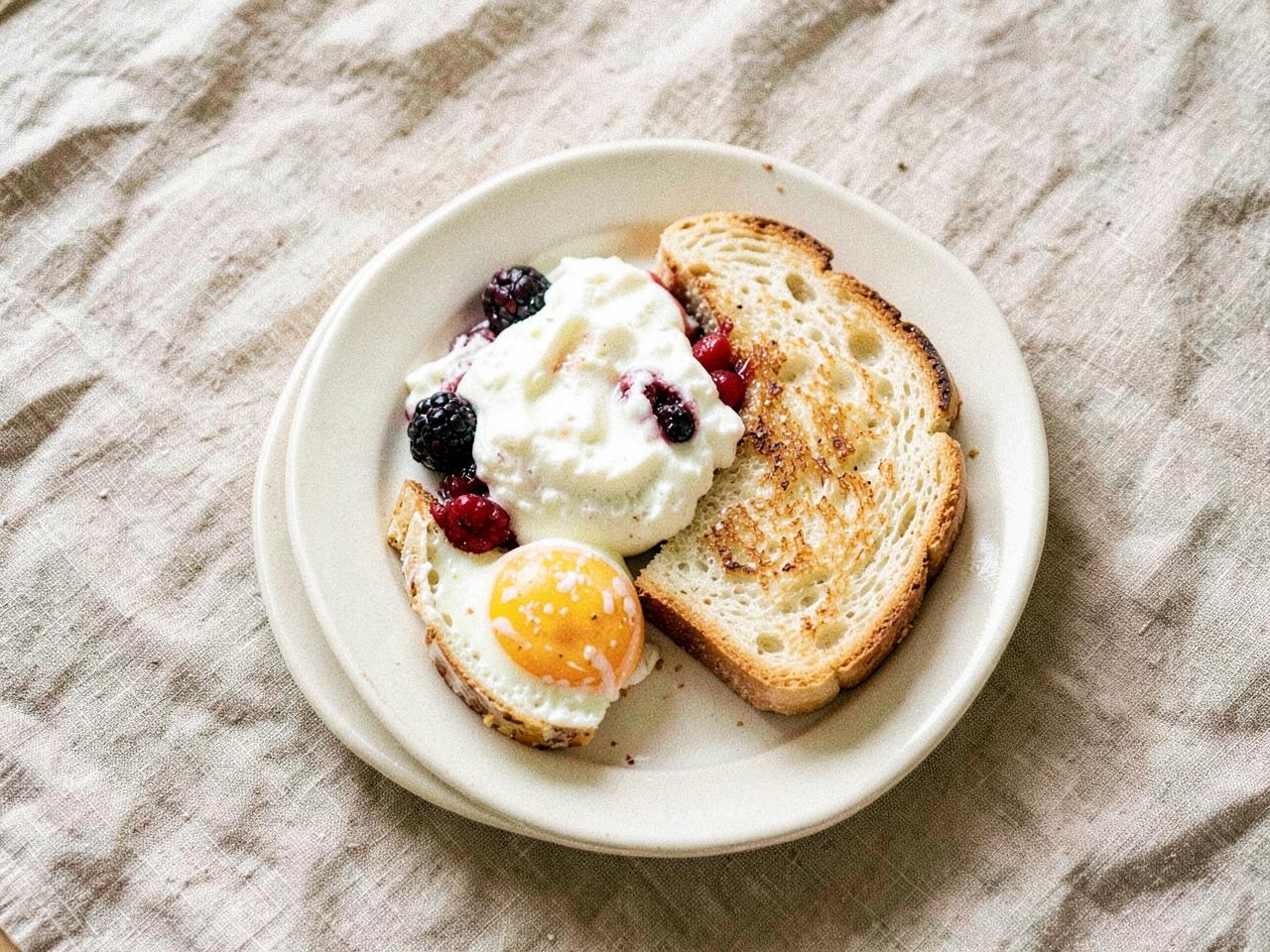 Kleiner Frühstücksteller mit Skyr, Beeren, geröstetem Brot und einem Ei auf Leinen