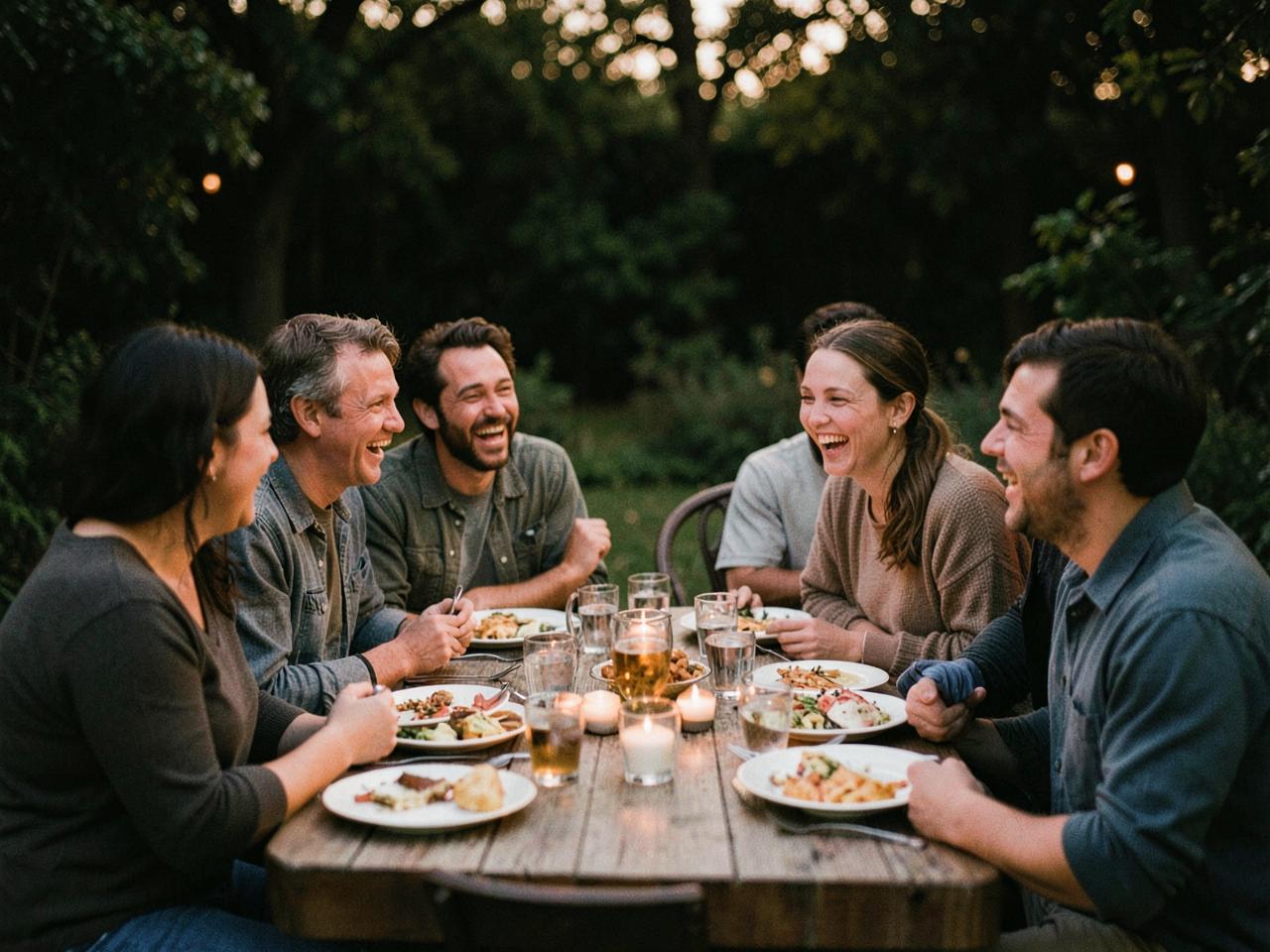Menschen unterschiedlichen Alters sitzen abends an einem Gartentisch und essen gemeinsam