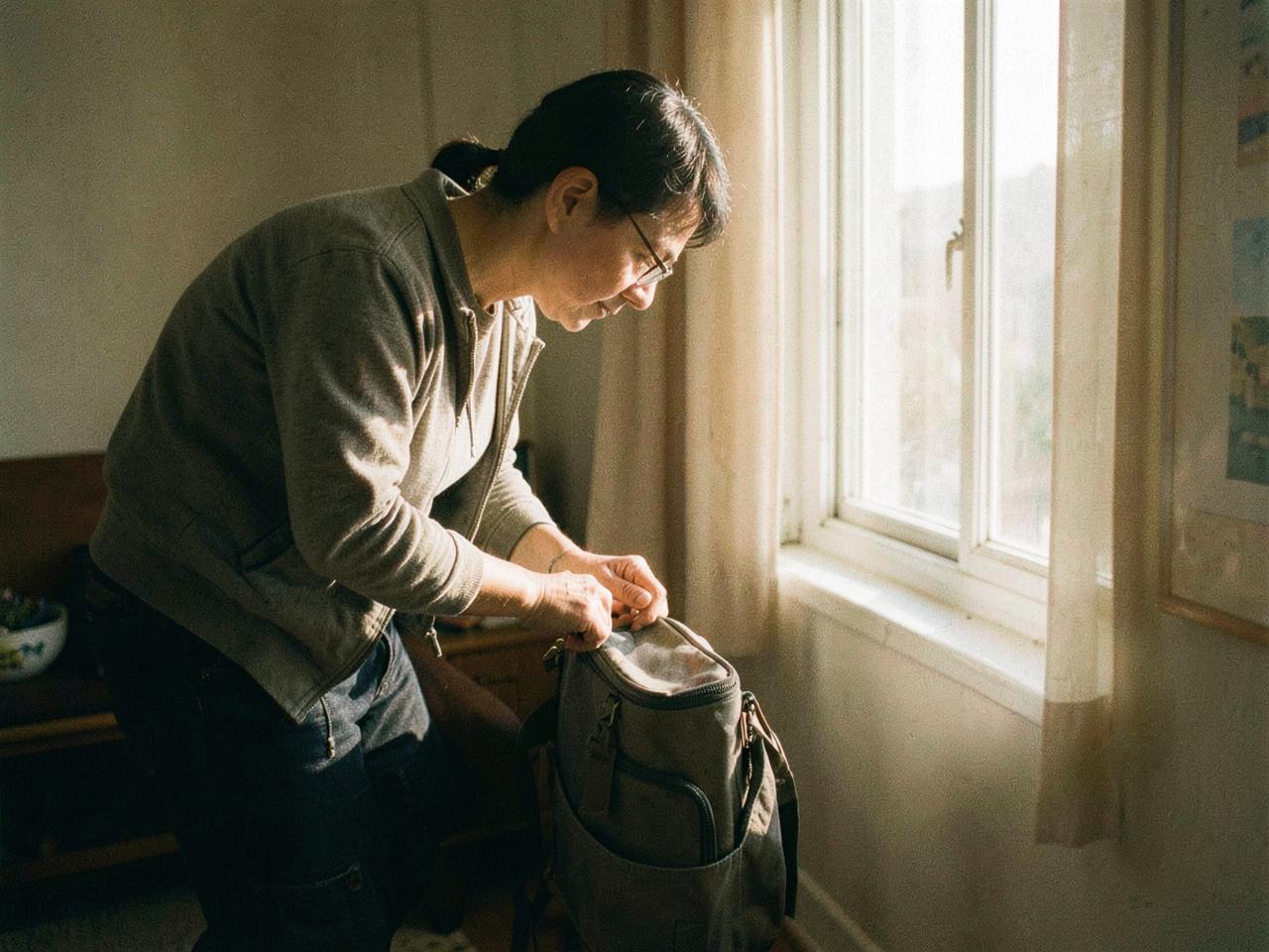 Person packt am Fenster im Morgenlicht eine kleine Reisetasche