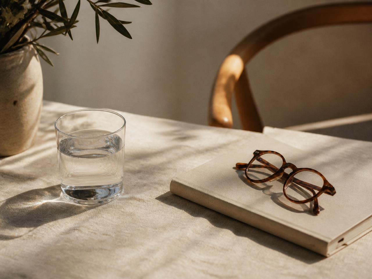 Ruhiger Tisch mit einem Glas Wasser, einem Notizbuch und einer Lesebrille im Morgenlicht